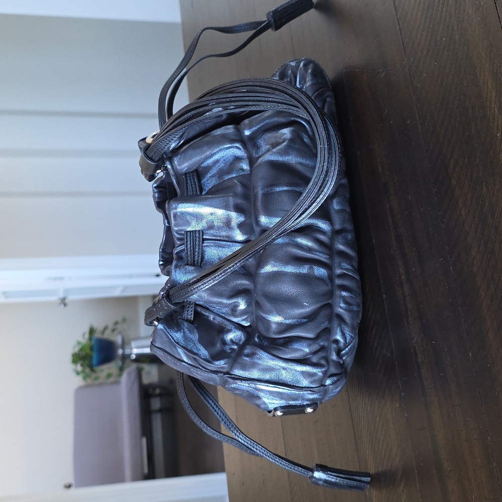 NEW Casa Lopez Leather Black Gray Drawstring Shoulder Handbag Y2K